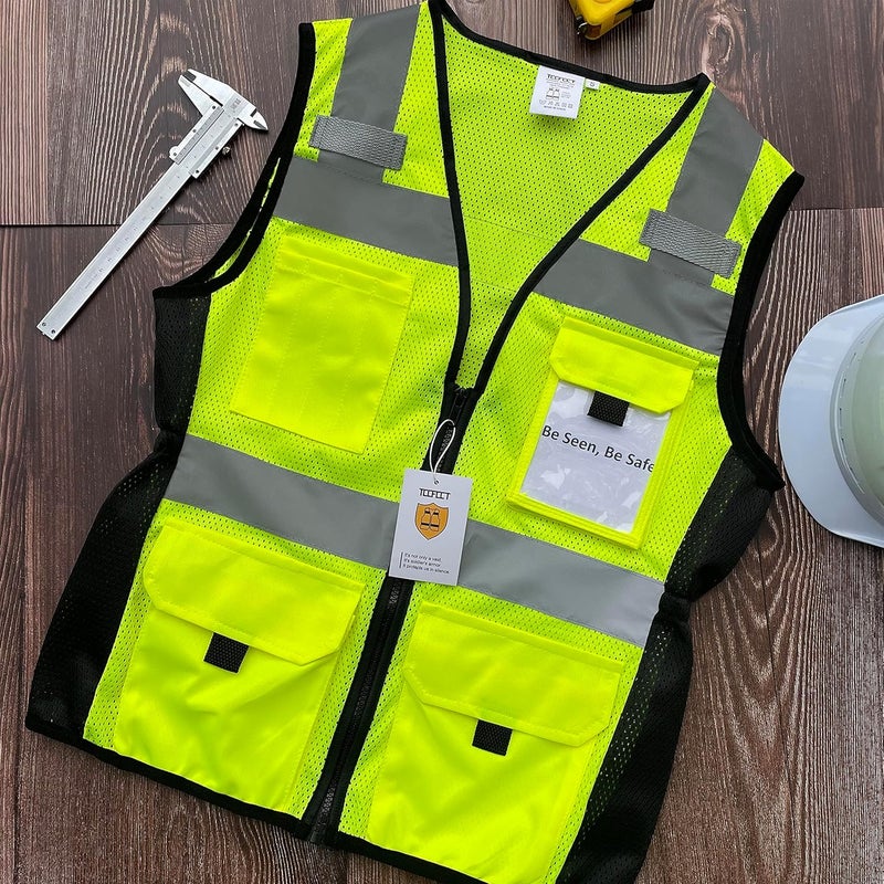 TCCFCCT Women Construction Work Vest 11 Pockets Snug-Fit High Visibility Reflective Vest with Zipper, Neon Safety Vest for Lady Contractors/Workers, Durable and Fashion, Meets ANSI, Yellow XL - Image 5